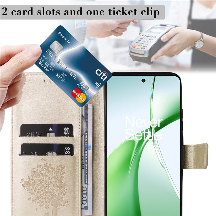 KT Imprinting Flower Series-3 For OnePlus Nord CE4 5G Wallet Case Tree Pattern Leather Phone Stand Cover - Gold