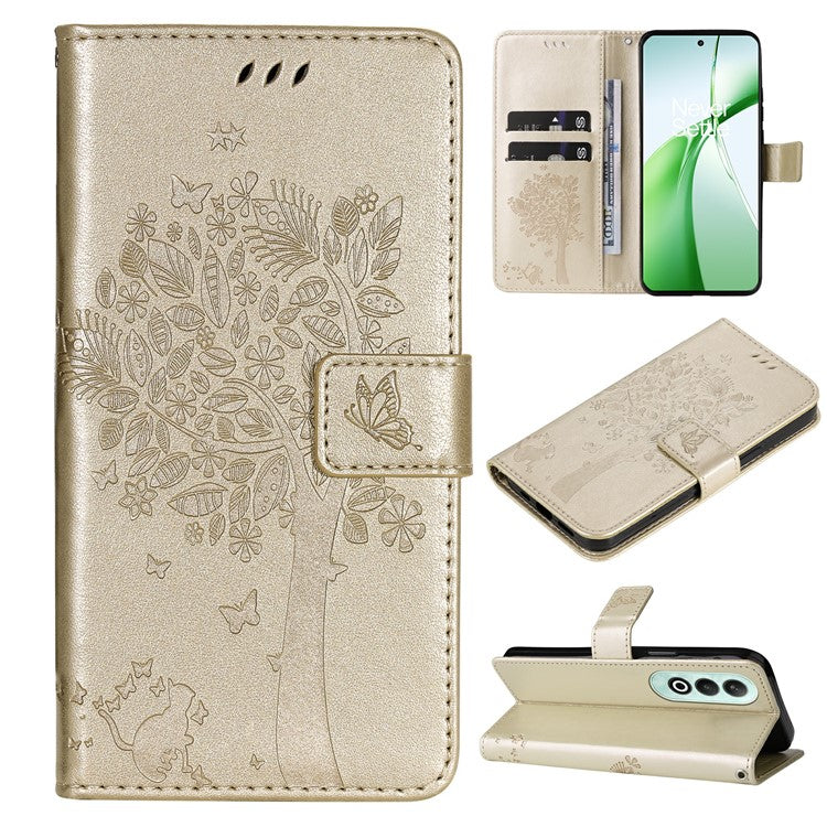 KT Imprinting Flower Series-3 For OnePlus Nord CE4 5G Wallet Case Tree Pattern Leather Phone Stand Cover - Gold