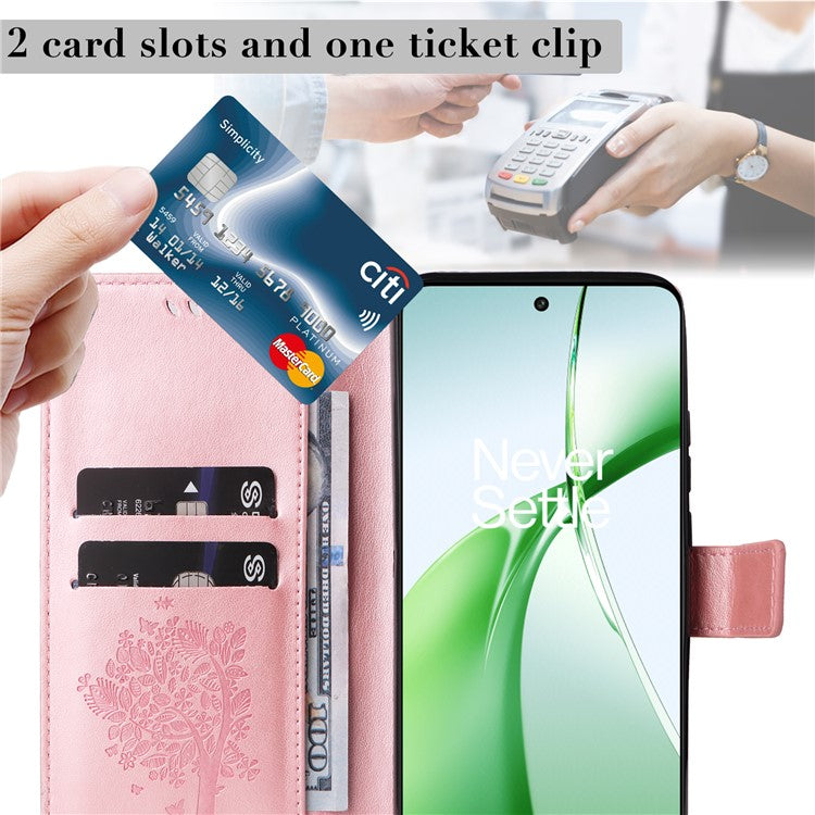 KT Imprinting Flower Series-3 For OnePlus Nord CE4 5G Wallet Case Tree Pattern Leather Phone Stand Cover - Rose Gold