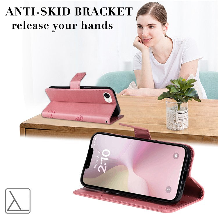 For iPhone 16e Wallet Case Tree Pattern Leather Phone Cover - Pink