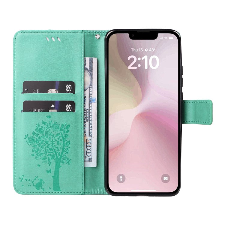 For iPhone 16e Wallet Case Tree Pattern Leather Phone Cover - Green