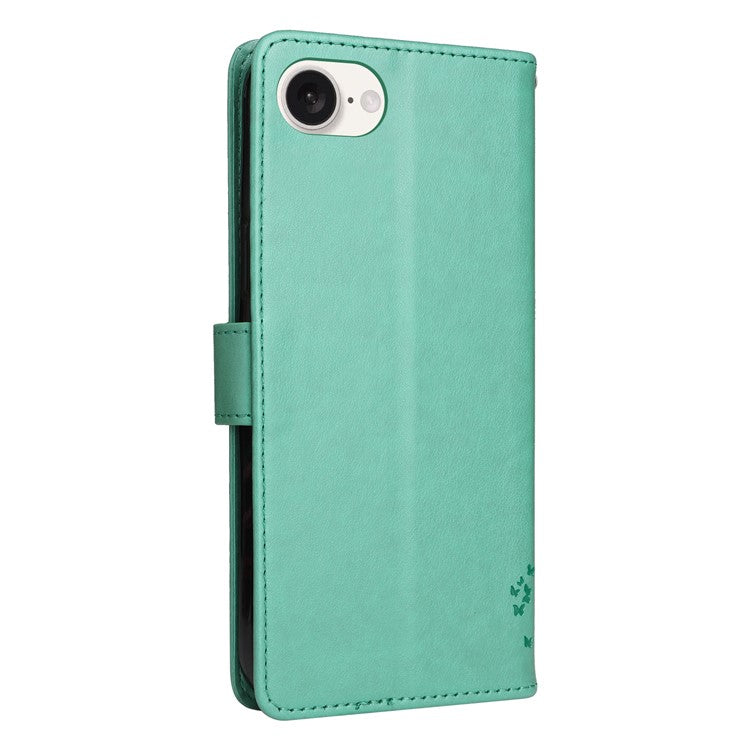 For iPhone 16e Wallet Case Tree Pattern Leather Phone Cover - Green