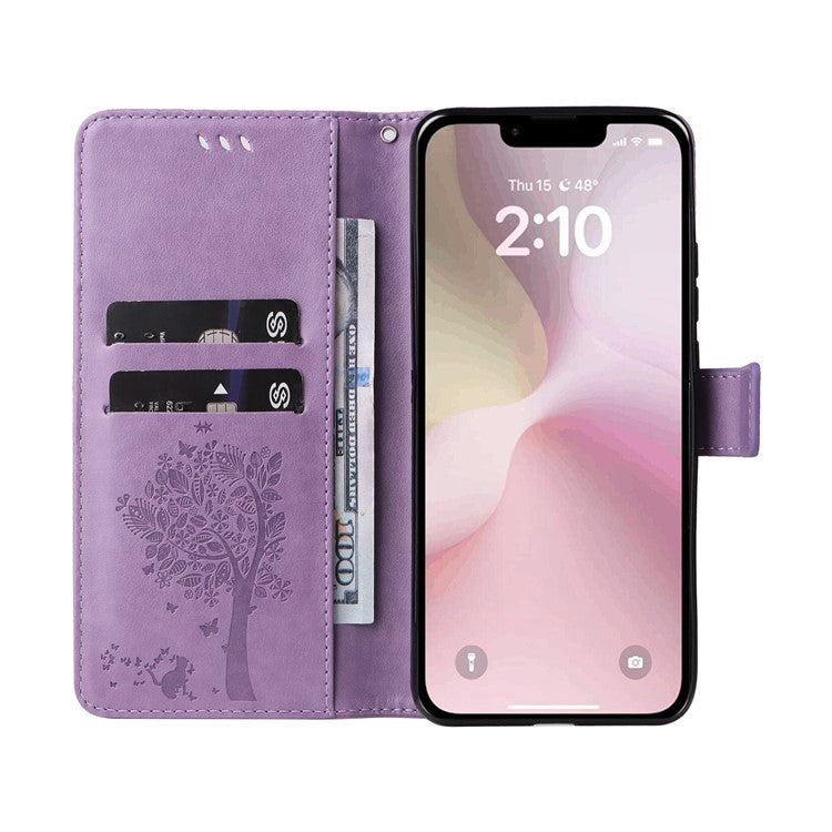 For iPhone 16e Wallet Case Tree Pattern Leather Phone Cover - Light Purple