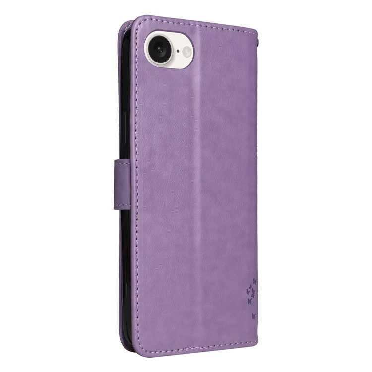 For iPhone 16e Wallet Case Tree Pattern Leather Phone Cover - Light Purple