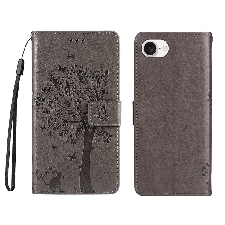 For iPhone 16e Wallet Case Tree Pattern Leather Phone Cover - Grey