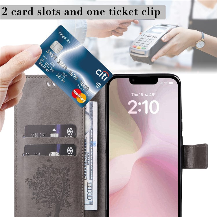 For iPhone 16e Wallet Case Tree Pattern Leather Phone Cover - Grey