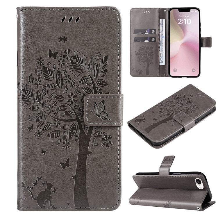 For iPhone 16e Wallet Case Tree Pattern Leather Phone Cover - Grey