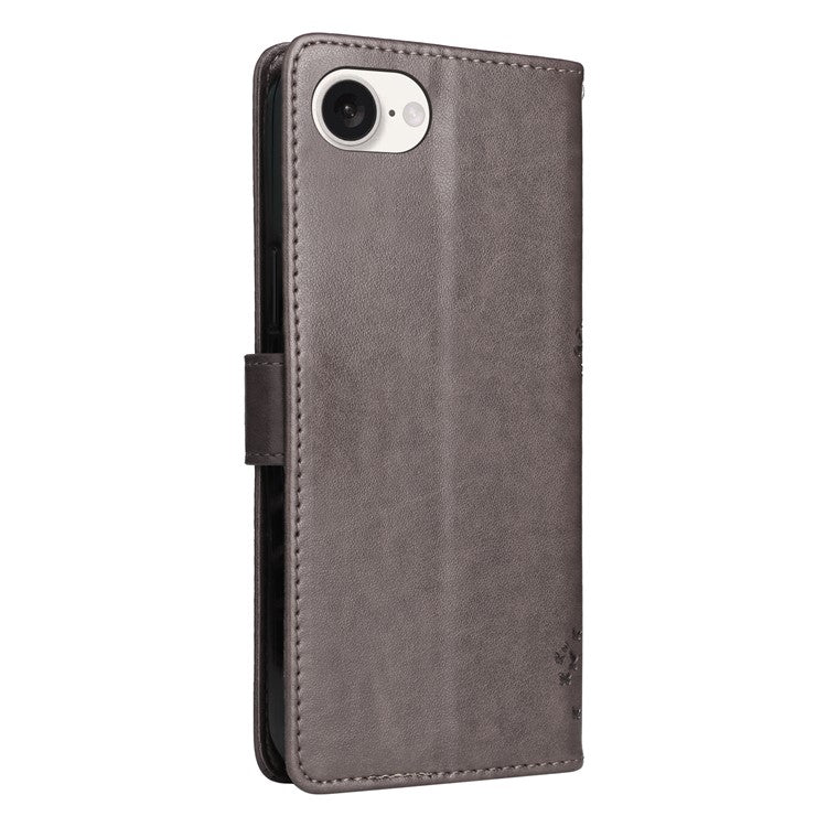For iPhone 16e Wallet Case Tree Pattern Leather Phone Cover - Grey