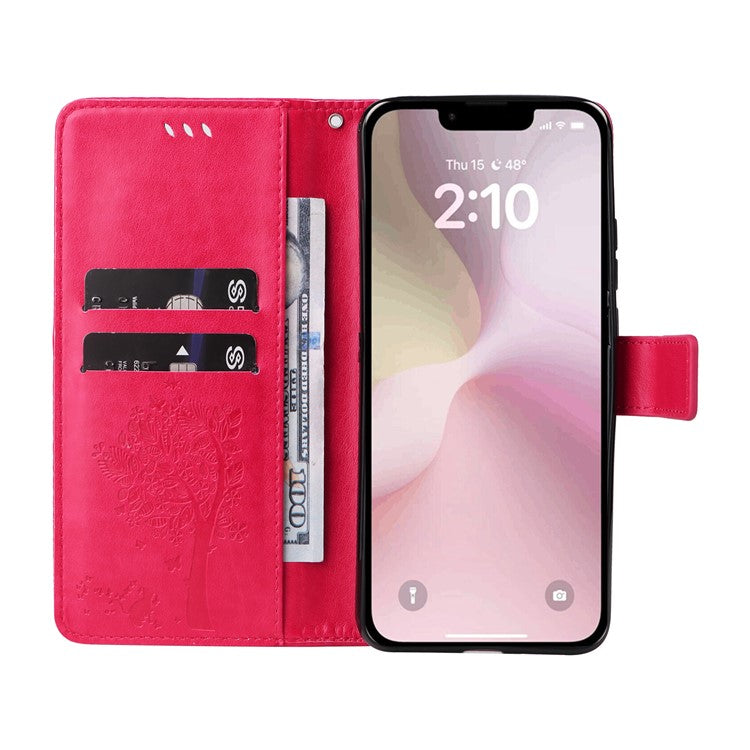 For iPhone 16e Wallet Case Tree Pattern Leather Phone Cover - Rose