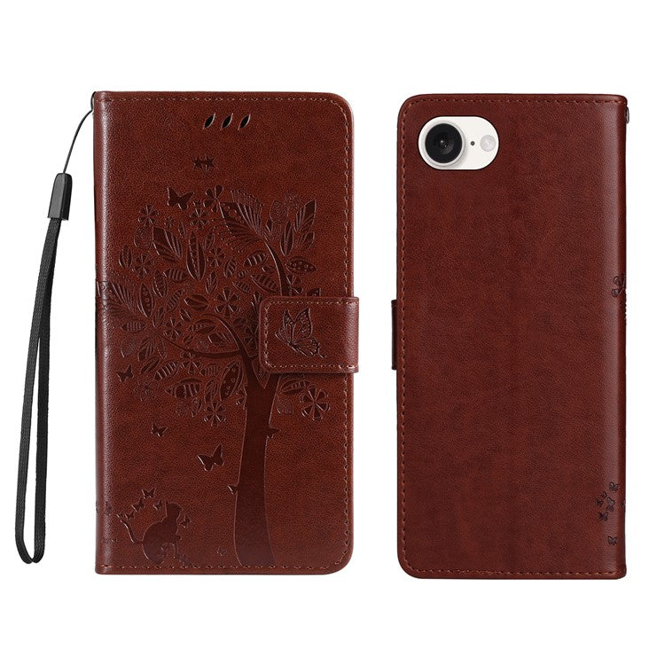 For iPhone 16e Wallet Case Tree Pattern Leather Phone Cover - Coffee