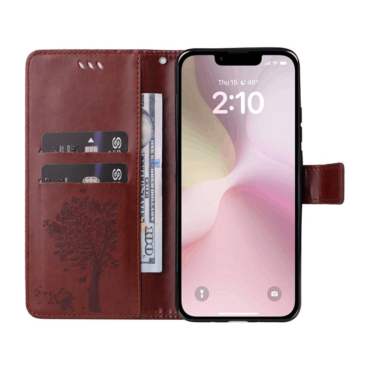 For iPhone 16e Wallet Case Tree Pattern Leather Phone Cover - Coffee