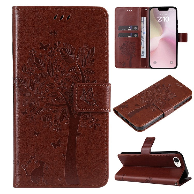 For iPhone 16e Wallet Case Tree Pattern Leather Phone Cover - Coffee