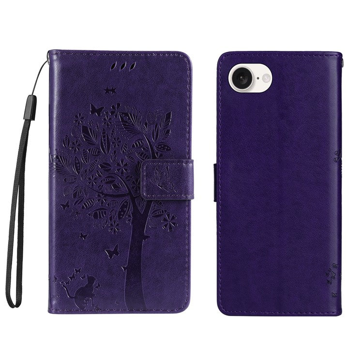 For iPhone 16e Wallet Case Tree Pattern Leather Phone Cover - Dark Purple