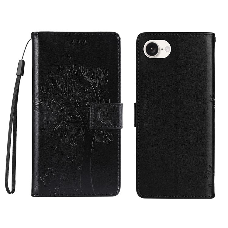 For iPhone 16e Wallet Case Tree Pattern Leather Phone Cover - Black