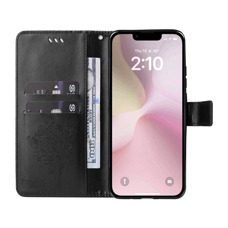 For iPhone 16e Wallet Case Tree Pattern Leather Phone Cover - Black