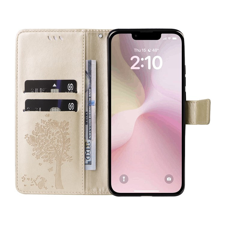 For iPhone 16e Wallet Case Tree Pattern Leather Phone Cover - Gold
