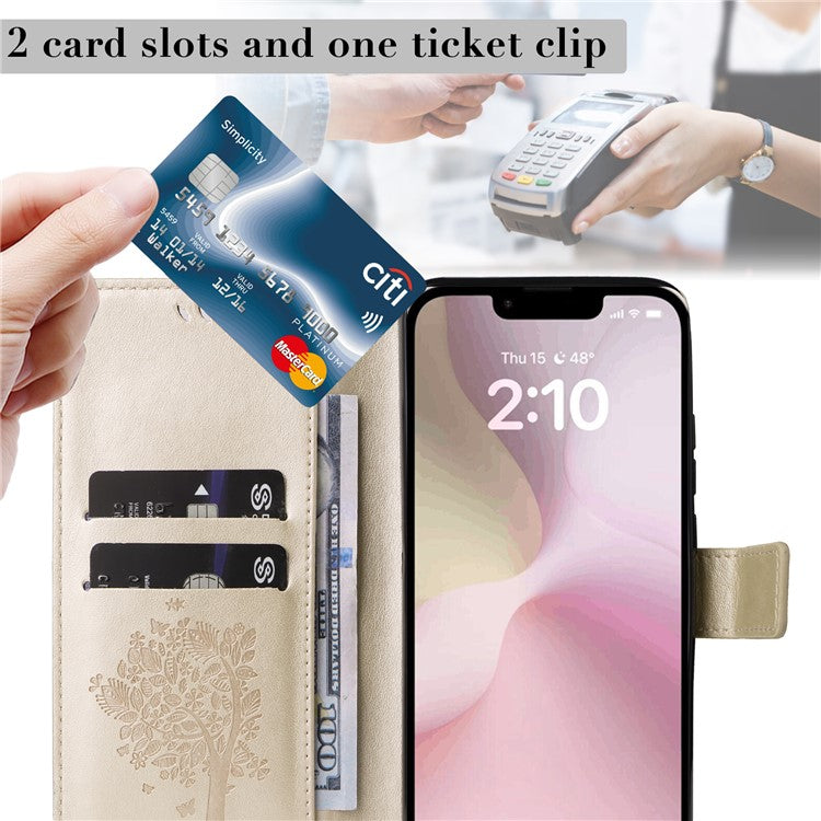 For iPhone 16e Wallet Case Tree Pattern Leather Phone Cover - Gold