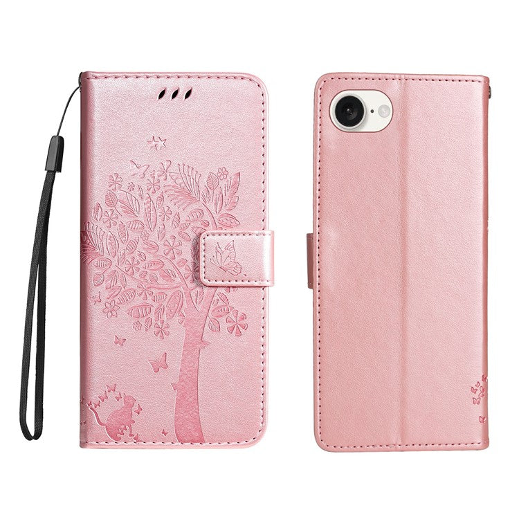 For iPhone 16e Wallet Case Tree Pattern Leather Phone Cover - Rose Gold
