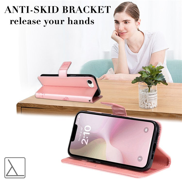For iPhone 16e Wallet Case Tree Pattern Leather Phone Cover - Rose Gold