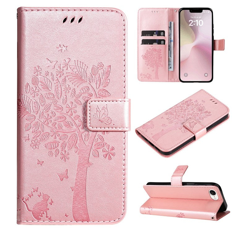For iPhone 16e Wallet Case Tree Pattern Leather Phone Cover - Rose Gold