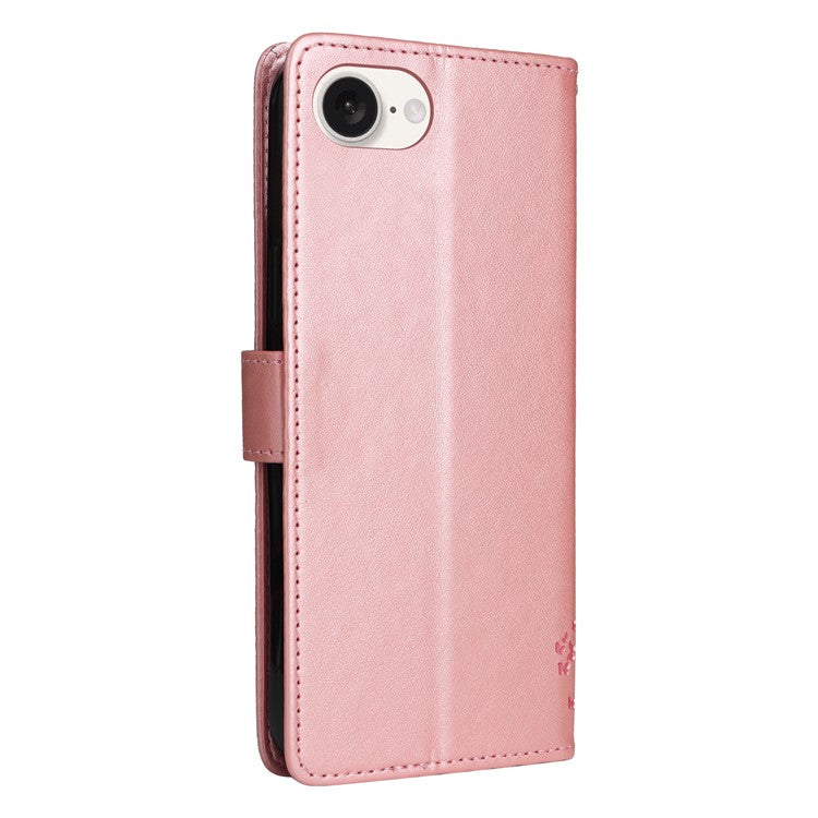 For iPhone 16e Wallet Case Tree Pattern Leather Phone Cover - Rose Gold