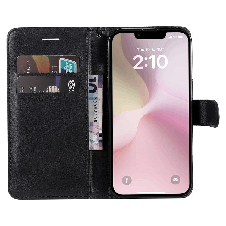 For iPhone 16e Case Solid Color Leather Mobile Cover Wallet Stand with Strap - Black