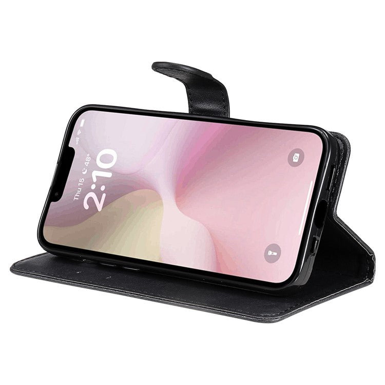 For iPhone 16e Case Solid Color Leather Mobile Cover Wallet Stand with Strap - Black
