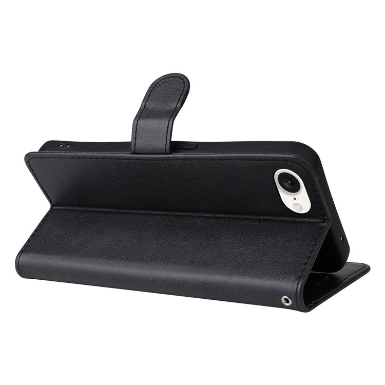For iPhone 16e Case Solid Color Leather Mobile Cover Wallet Stand with Strap - Black
