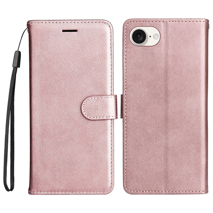 For iPhone 16e Case Solid Color Leather Mobile Cover Wallet Stand with Strap - Rose Gold