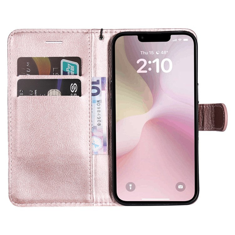 For iPhone 16e Case Solid Color Leather Mobile Cover Wallet Stand with Strap - Rose Gold