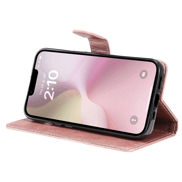 For iPhone 16e Case Solid Color Leather Mobile Cover Wallet Stand with Strap - Rose Gold