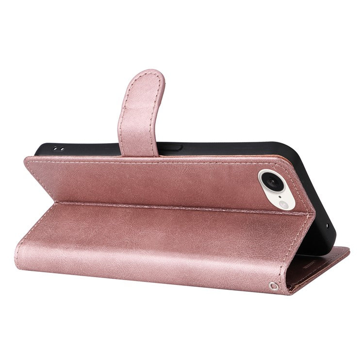 For iPhone 16e Case Solid Color Leather Mobile Cover Wallet Stand with Strap - Rose Gold