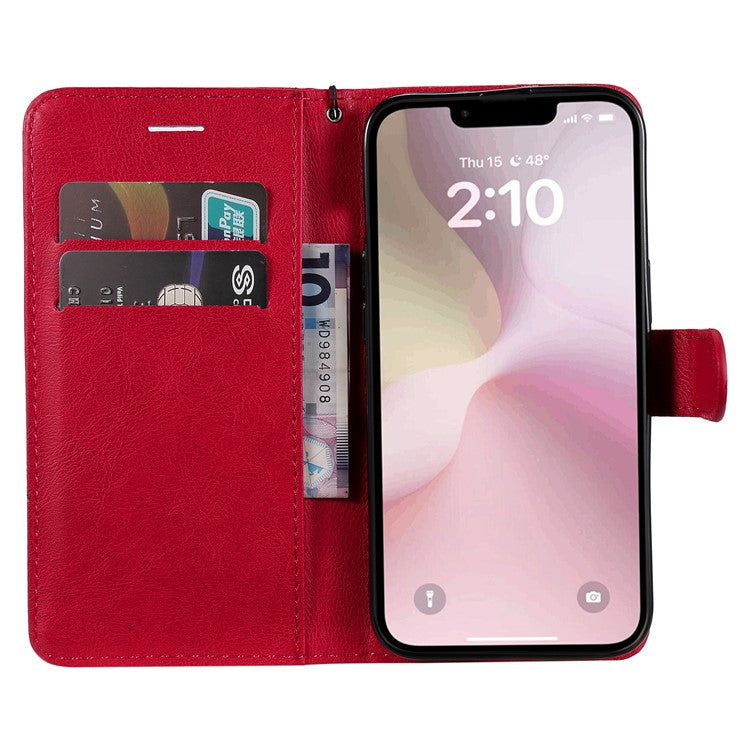 For iPhone 16e Case Solid Color Leather Mobile Cover Wallet Stand with Strap - Red