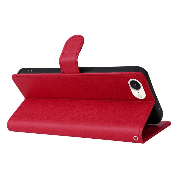 For iPhone 16e Case Solid Color Leather Mobile Cover Wallet Stand with Strap - Red
