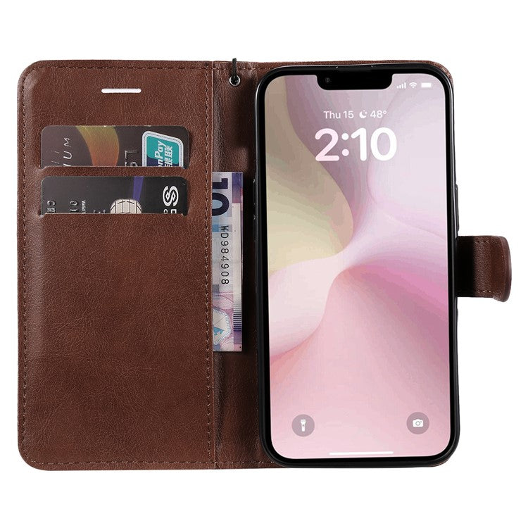 For iPhone 16e Case Solid Color Leather Mobile Cover Wallet Stand with Strap - Brown
