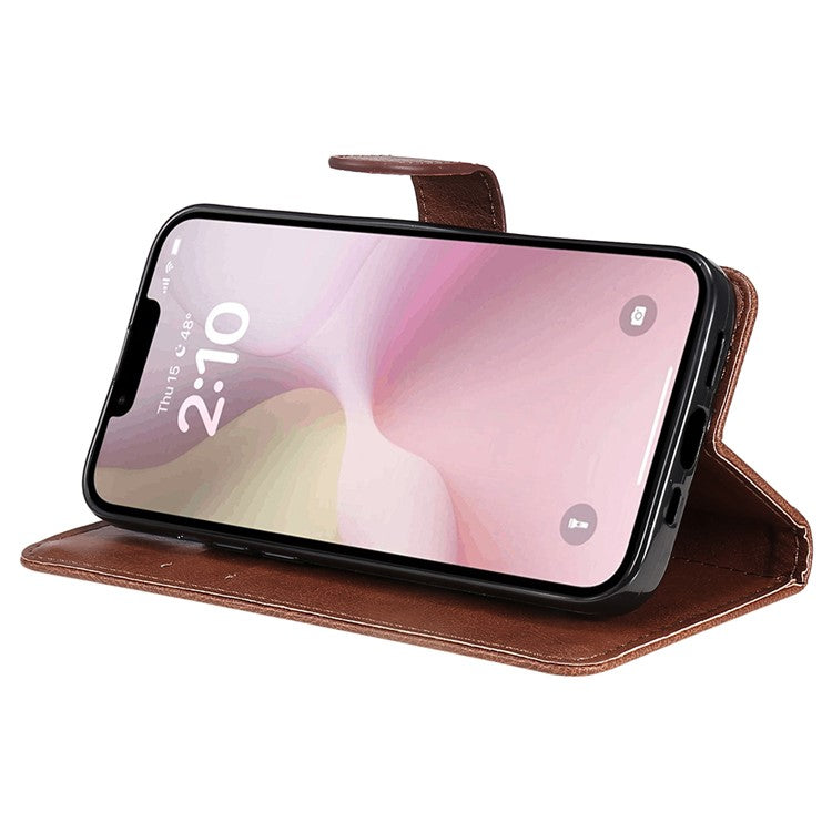 For iPhone 16e Case Solid Color Leather Mobile Cover Wallet Stand with Strap - Brown