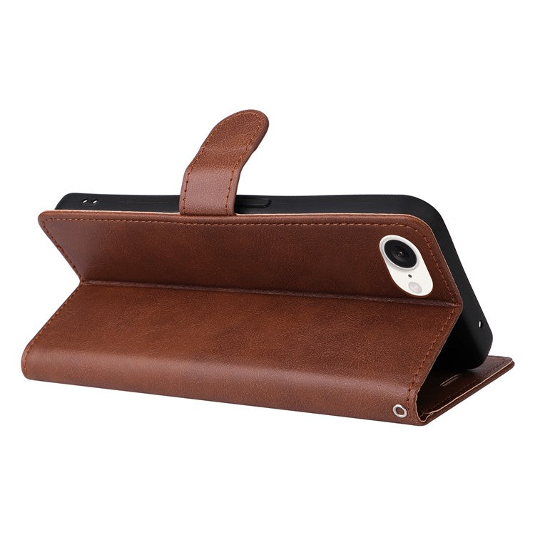 For iPhone 16e Case Solid Color Leather Mobile Cover Wallet Stand with Strap - Brown
