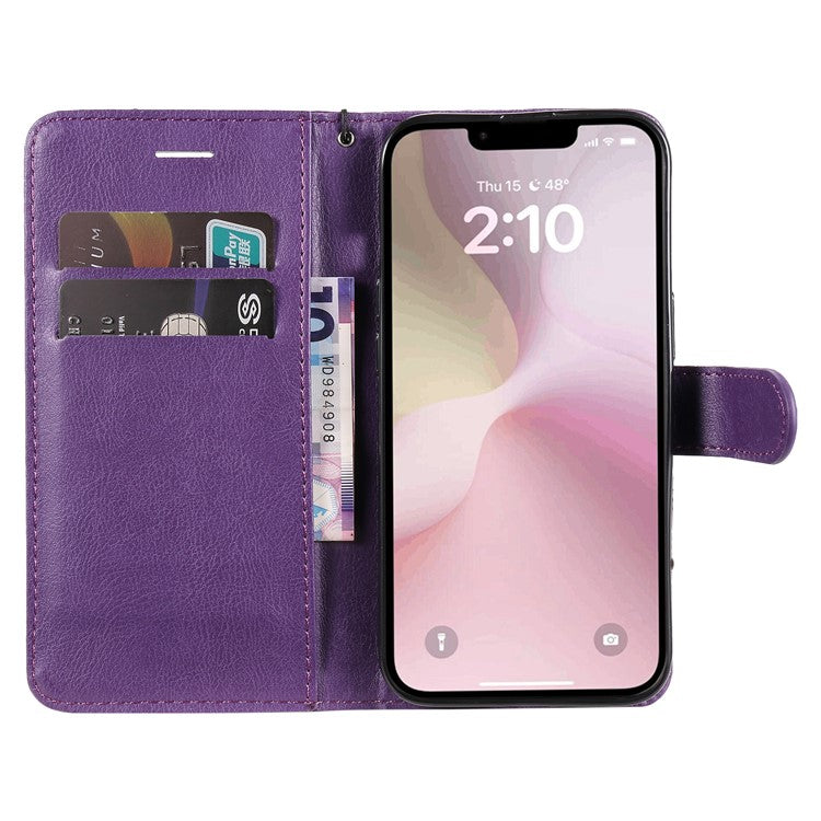 For iPhone 16e Case Solid Color Leather Mobile Cover Wallet Stand with Strap - Purple