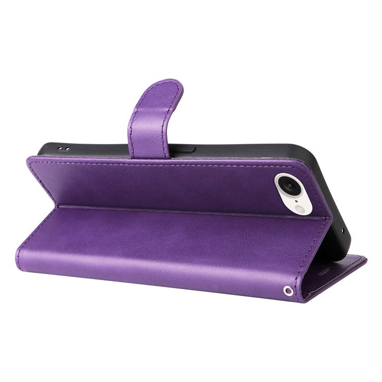 For iPhone 16e Case Solid Color Leather Mobile Cover Wallet Stand with Strap - Purple
