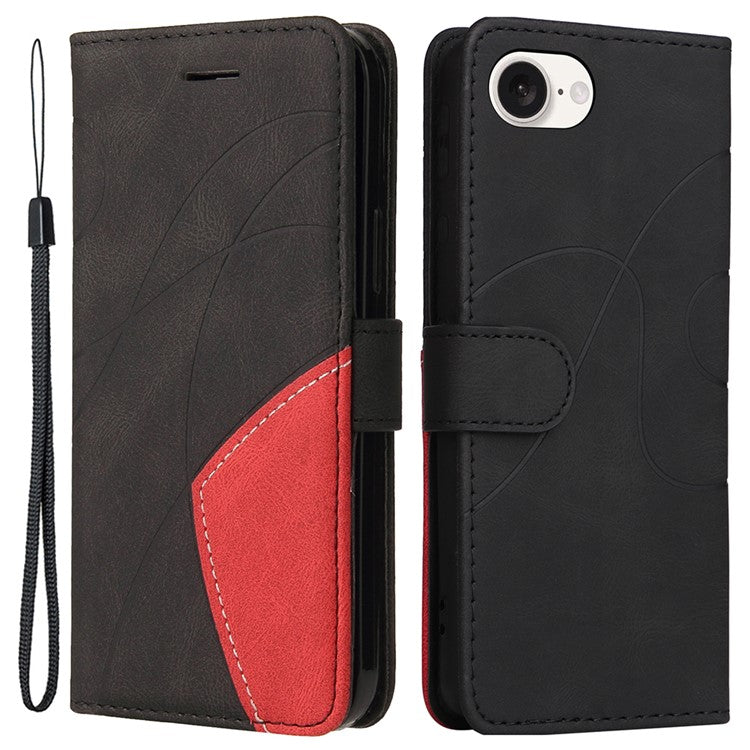 For iPhone 16e Leather Case Wallet Stand Color Splicing Phone Cover - Black