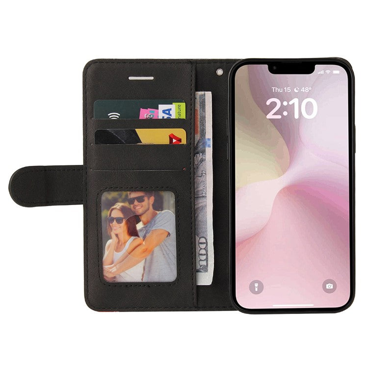 For iPhone 16e Leather Case Wallet Stand Color Splicing Phone Cover - Black
