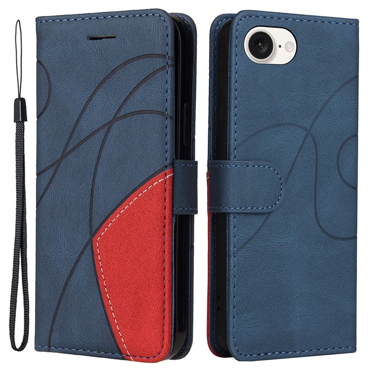 For iPhone 16e Leather Case Wallet Stand Color Splicing Phone Cover - Blue