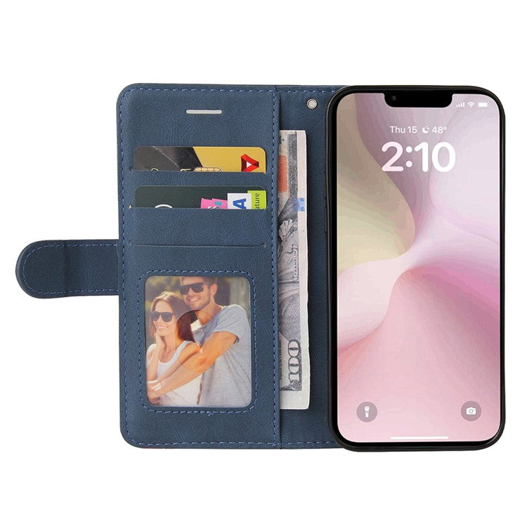 For iPhone 16e Leather Case Wallet Stand Color Splicing Phone Cover - Blue