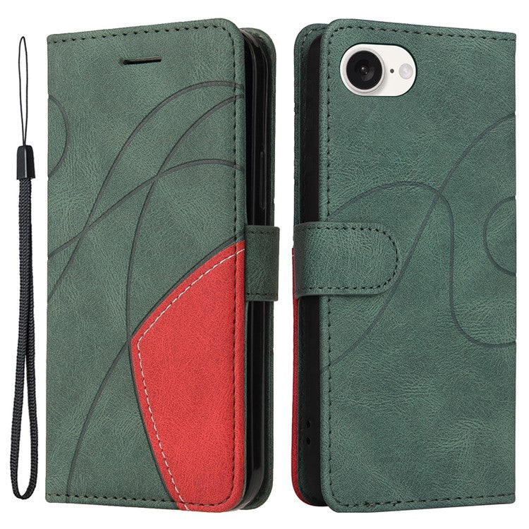 For iPhone 16e Leather Case Wallet Stand Color Splicing Phone Cover - Green