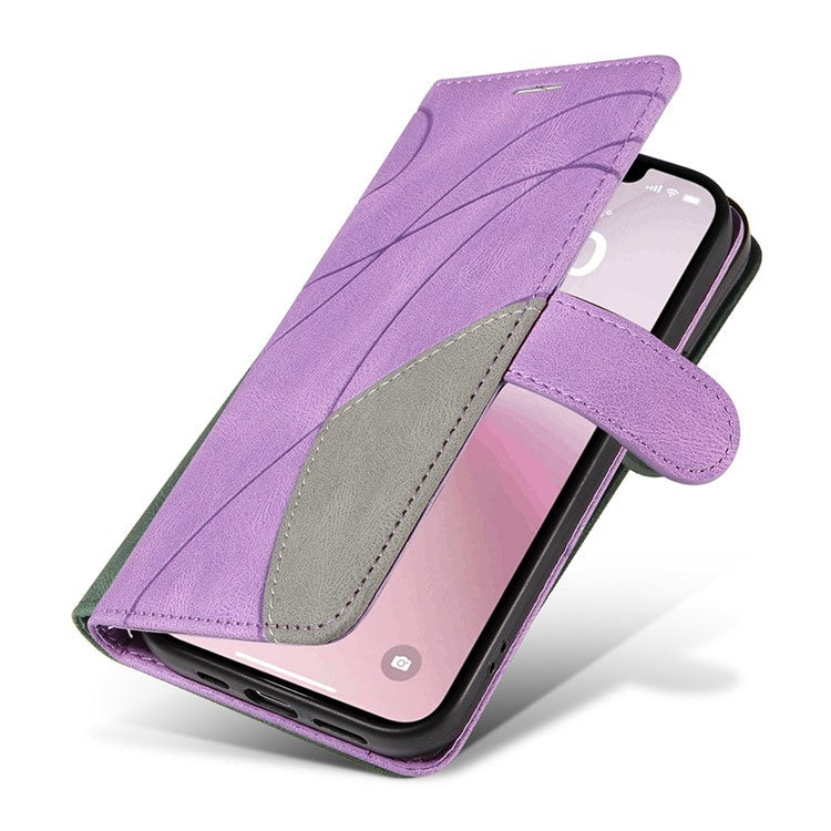 For iPhone 16e Leather Case Wallet Stand Color Splicing Phone Cover - Light Purple