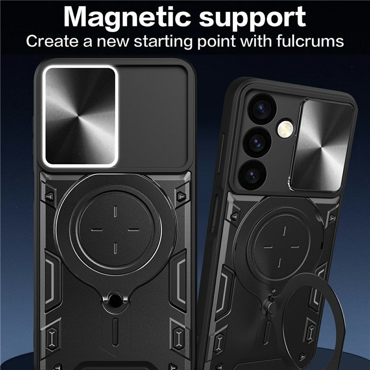 For Samsung Galaxy M34 5G Kickstand Case Slide Camera Lid TPU+PC Hybrid Phone Cover - Silver