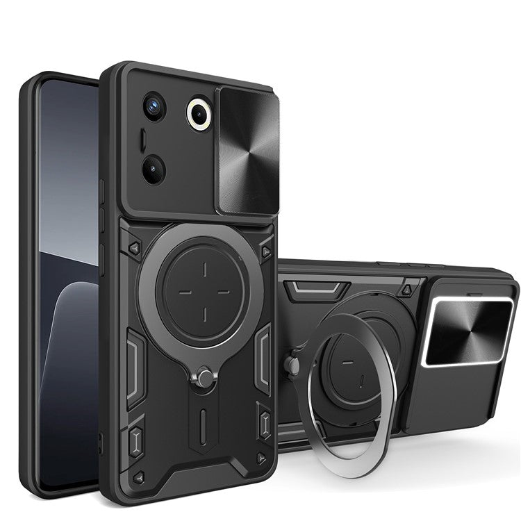 For TECNO Camon 20 Pro 5G Case Rotating Kickstand TPU+PC Phone Cover Slide Lens Protection - Black
