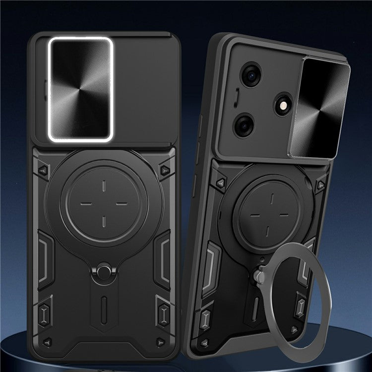 For TECNO Spark 10 4G / 10C 4G Case TPU+PC Phone Cover with Kickstand, Slide Lens Window - Black