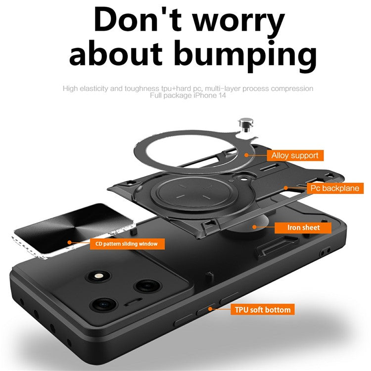 For TECNO Spark 10 4G / 10C 4G Case TPU+PC Phone Cover with Kickstand, Slide Lens Window - Black