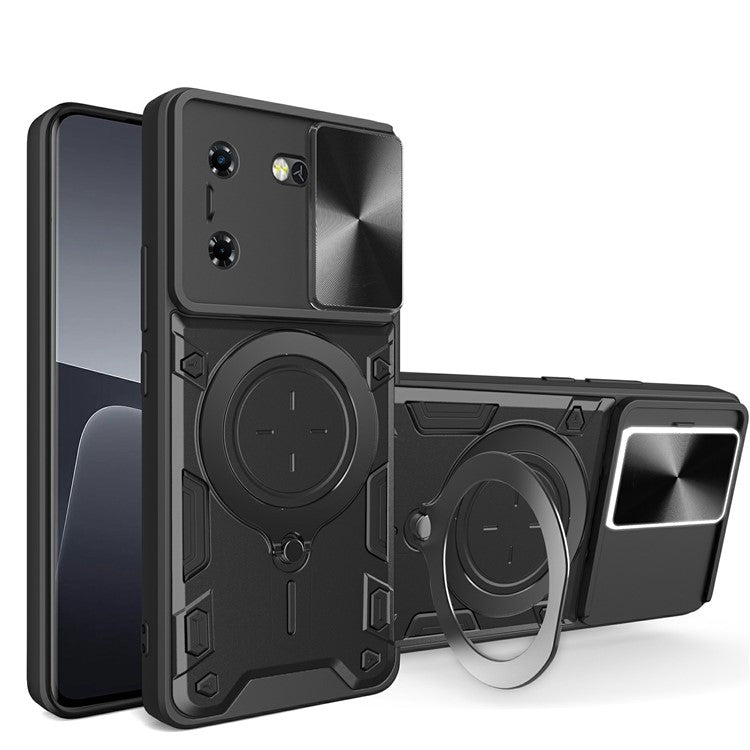 For TECNO Pova 5G Case Slide Camera Lid TPU+PC Phone Cover with Kickstand - Black